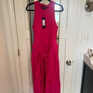 Veronica Beard Jean Austyn Cotton Poplin Ribbed Belted Tiered Midi Dress Fuchsia